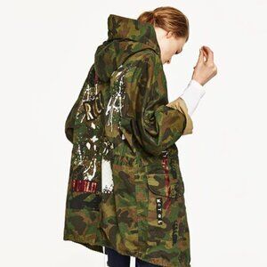 Zara Oversized Camo Jacket SMALL Cinch Tie Waist Punk Grunge Streetwear